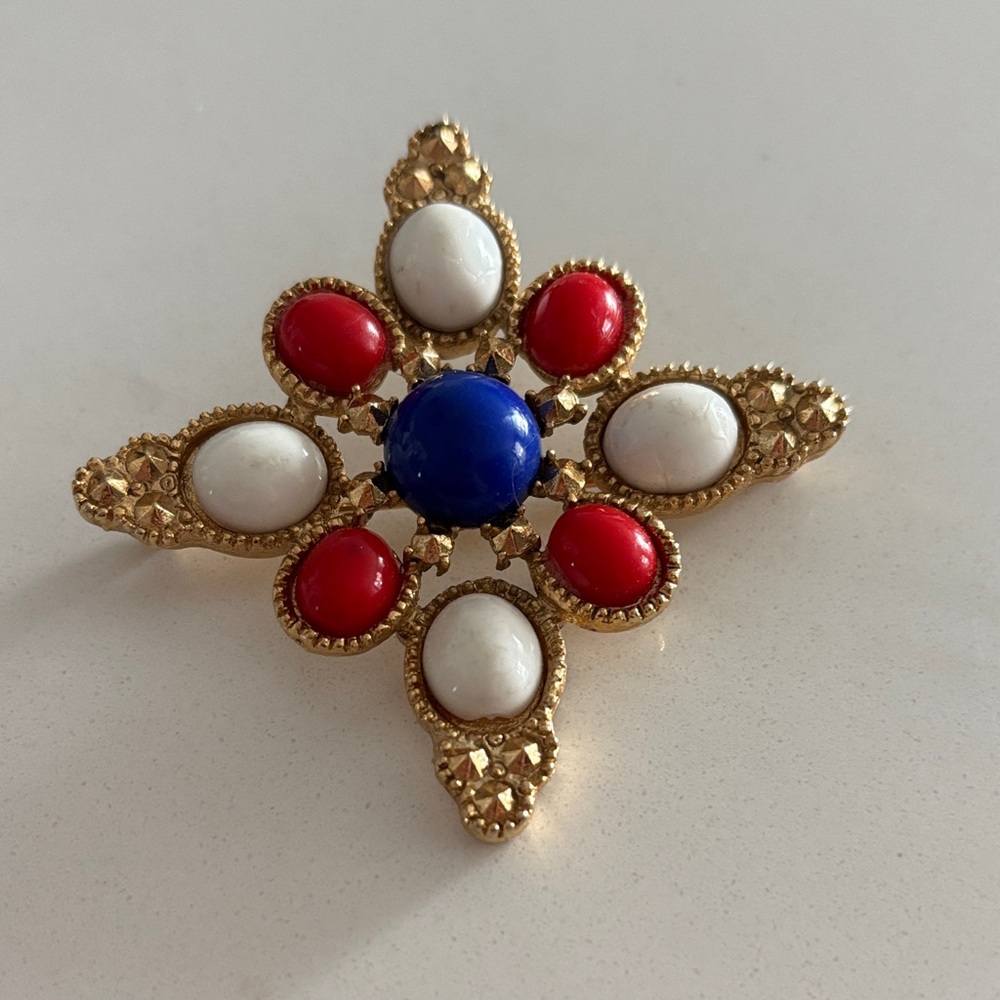 Elegant Gold, Red, White, and Blue Brooch by Sarah Coventry